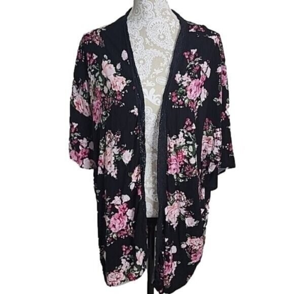 M Fasis Kimono Black Floral Short Sleeve Lace Trim Women's Large - Picture 1 of 5